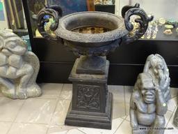 (RFRT) ONE OF A PR. IRON URN AND PEDESTAL; ONE OF A PR. ANTIQUE 2 PC. CAST IRON URN AND PEDESTAL