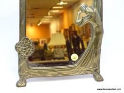 (RFRT) BRASS MIRROR; BRASS ART NOUVEAU MIRROR WITH EMBOSSED FLOWERS AND WOMAN IN LONG FLOWING DRESS-