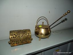 (LR) METAL BOX AND LIDDED FIRE STARTER SMUDGE POT W/ WAND; 2 PIECE LOT TO INCLUDE A BRASS FIRE