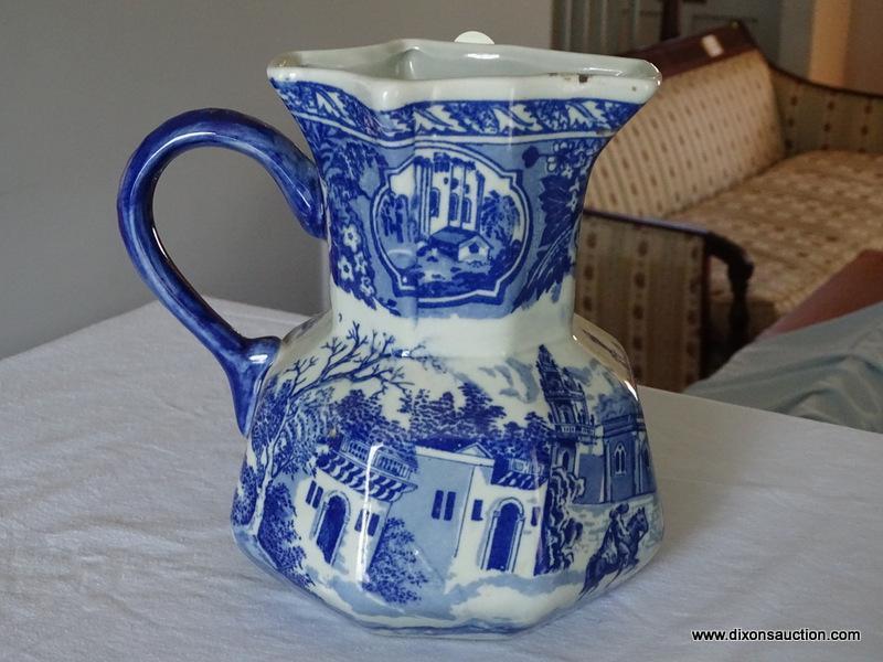 (LR) PAIR OF VINTAGE VICTORIA WARE IRONSTONE PITCHERS; 2 PIECE LOT OF VICTORIA WARE FLOW BLUE