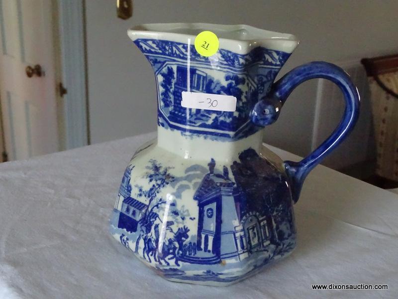 (LR) PAIR OF VINTAGE VICTORIA WARE IRONSTONE PITCHERS; 2 PIECE LOT OF VICTORIA WARE FLOW BLUE