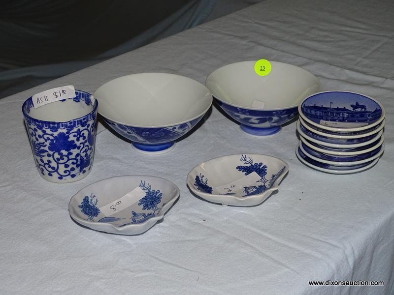 (LR) LOT OF ASSORTED BLUE AND WHITE CHINA; 11 PIECE LOT TO INCLUDE 6 COASTERS WITH DIFFERENT