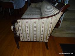 (LR) BIGGS SHERATON STYLE SOFA; MAHOGANY FRAMED, SHERATON STYLE, BIGGS SOFA WITH A BENCH CUSHION,