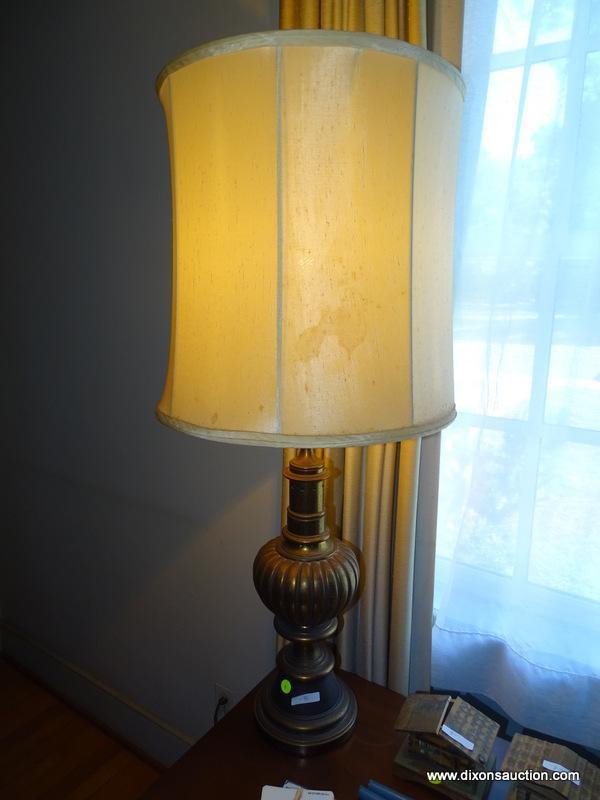 (LR) BRONZE TABLE LAMP; BRONZE OIL LAMP CONVERTED TO ELECTRIC WITH A REEDED DRUM AND TURNED BASE.