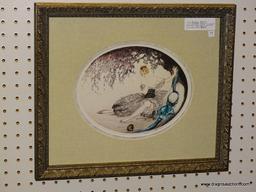 "FALLEN NEST" BY LOUIS ICART; OVAL PRINT DEPICTS A SCENE OF AN EMBARRASSED, TOPLESS WOMAN SITTING