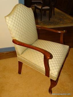 (LR) ARM CHAIR; CHERRY QUEEN ANNE ARM CHAIR WITH BEIGE AND BLUE UPHOLSTERY- VERY CLEAN- 27 IN X 23