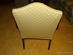 (LR) ARM CHAIR; CHERRY QUEEN ANNE ARM CHAIR WITH BEIGE AND BLUE UPHOLSTERY- VERY CLEAN- 27 IN X 23