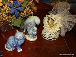 (LR) MISC.. LOT; LOT INCLUDES- RUFFLED EDGE BLUE COMPOTE, PARROT AND CAT FIGURINE, TEA CANDLES,