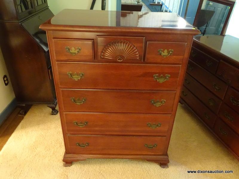 (LR) CHEST; SOLID CHERRY 3 OVER 4 CHEST WITH SHELL CARVED CENTER DRAWER, DRAWERS ARE DOVETAILED WITH