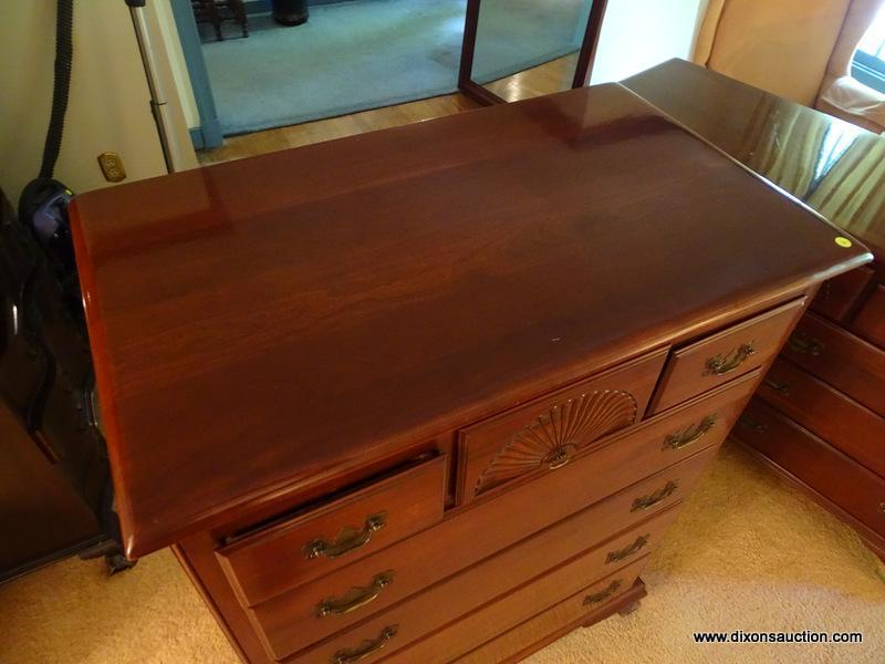 (LR) CHEST; SOLID CHERRY 3 OVER 4 CHEST WITH SHELL CARVED CENTER DRAWER, DRAWERS ARE DOVETAILED WITH