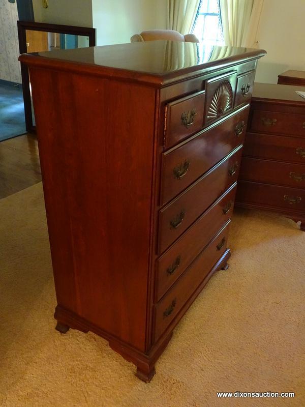 (LR) CHEST; SOLID CHERRY 3 OVER 4 CHEST WITH SHELL CARVED CENTER DRAWER, DRAWERS ARE DOVETAILED WITH