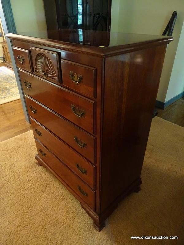 (LR) CHEST; SOLID CHERRY 3 OVER 4 CHEST WITH SHELL CARVED CENTER DRAWER, DRAWERS ARE DOVETAILED WITH