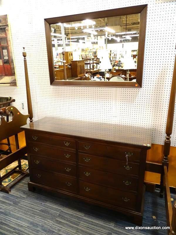 (R1) CRAFTIQUE DRESSER AND MIRROR; MAHOGANY, GLASS TOP, 8-DRAWER DRESSER WITH A WALL HANGING MIRROR