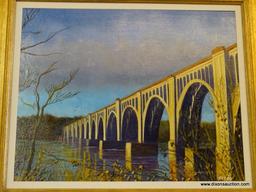 "BRIDGE WITH RAIN CLOUD" FRAMED OIL PAINTING BY ROBERT SESCO; THE CSX A-LINE RAILWAY BRIDGE,