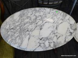 VICTORIAN MARBLE TOP COFFEE TABLE; DARK CHERRY, OVAL COFFEE TABLE WITH A WHITE CARRARA MARBLE TOP,