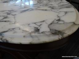 VICTORIAN MARBLE TOP COFFEE TABLE; DARK CHERRY, OVAL COFFEE TABLE WITH A WHITE CARRARA MARBLE TOP,