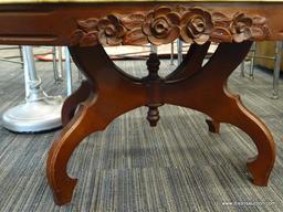 VICTORIAN MARBLE TOP CONSOLE TABLE; DARK CHERRY, OVAL CONSOLE TABLE WITH A WHITE CARRARA MARBLE TOP,