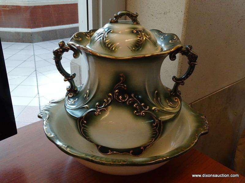 (R1) ANTIQUE HAYNES BALT LIDDED CHAMBER POT WITH BASIN - GREEN WITH GOLD TONE ACCENTS. CHIPPED ON