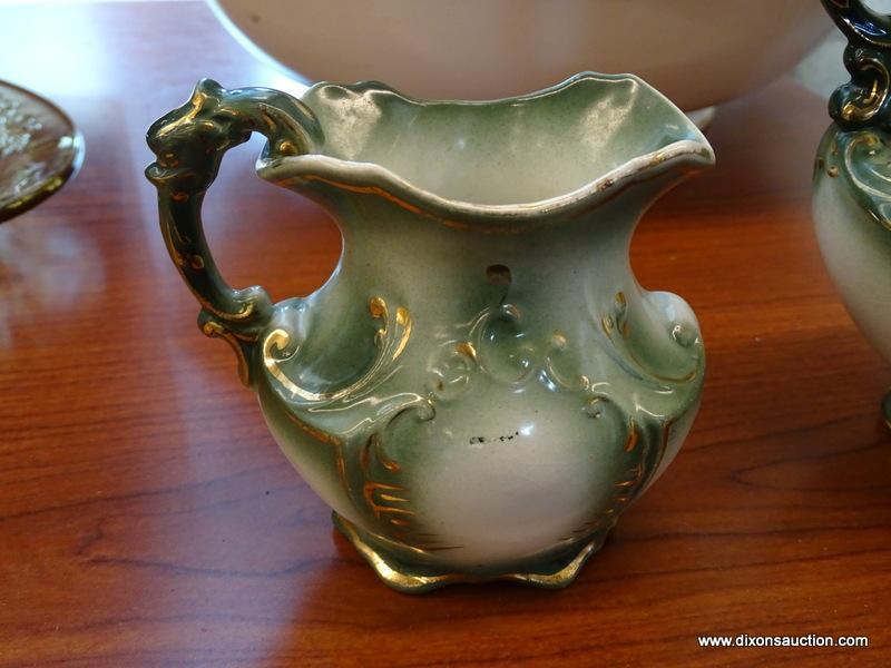 (R1) ANTIQUE HAYNES BALT VANITY WASH SET PITCHERS; 2 PIECE SET OF GREEN WITH GOLD TONE ACCENT