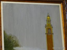 "CARILLON IN FOG" FRAMED OIL PAINTING BY ROBERT SESCO; THE CARILLON IS BOTH A MONUMENT AND A MUSICAL