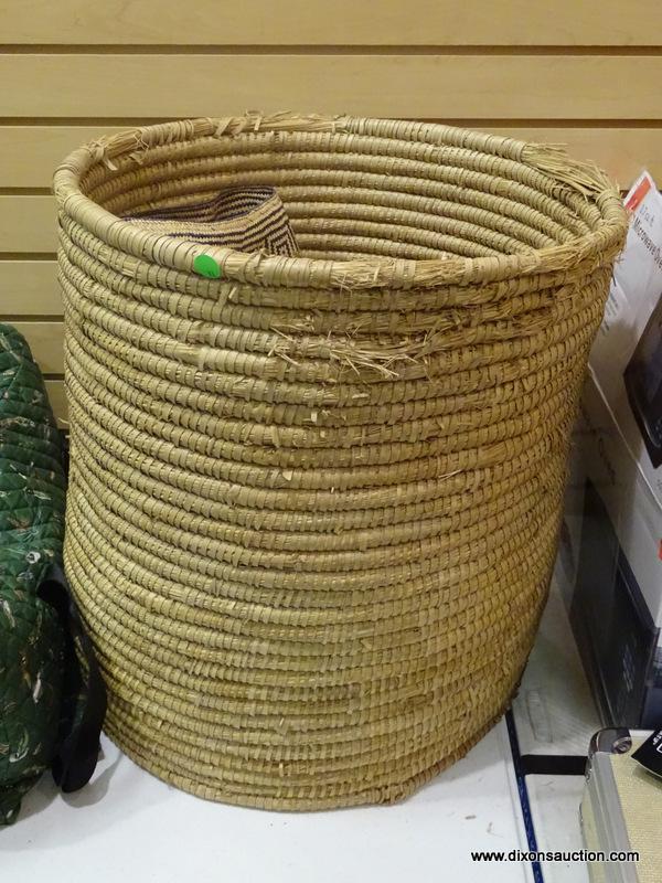 WICKER BASKET AND CONTENTS; TALL CYLINDRICAL WICKER BASKET WITH CONTENTS TO INCLUDE 4 SMALLER WICKER