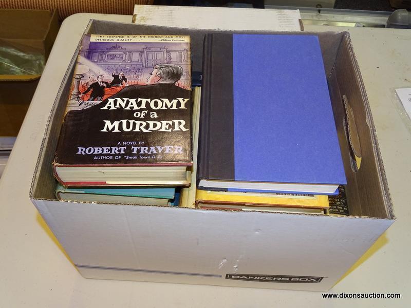 BOX LOT OF ASSORTED BOOKS; INCLUDES "ANATOMY OF A MURDERER" BY ROBERT TRAVER, "THE FLIGHT OF THE