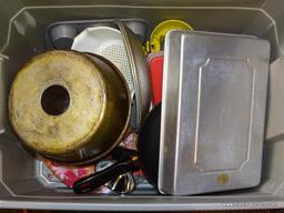 TUB LOT OF ASSORTED COOKWARE (INCLUDES STERLING SILVER); TUB LOT INCLUDES A SMALL PSCO STERLING