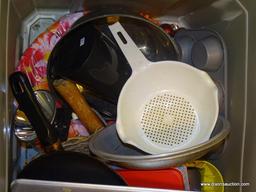 TUB LOT OF ASSORTED COOKWARE (INCLUDES STERLING SILVER); TUB LOT INCLUDES A SMALL PSCO STERLING