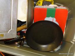 TUB LOT OF ASSORTED COOKWARE (INCLUDES STERLING SILVER); TUB LOT INCLUDES A SMALL PSCO STERLING