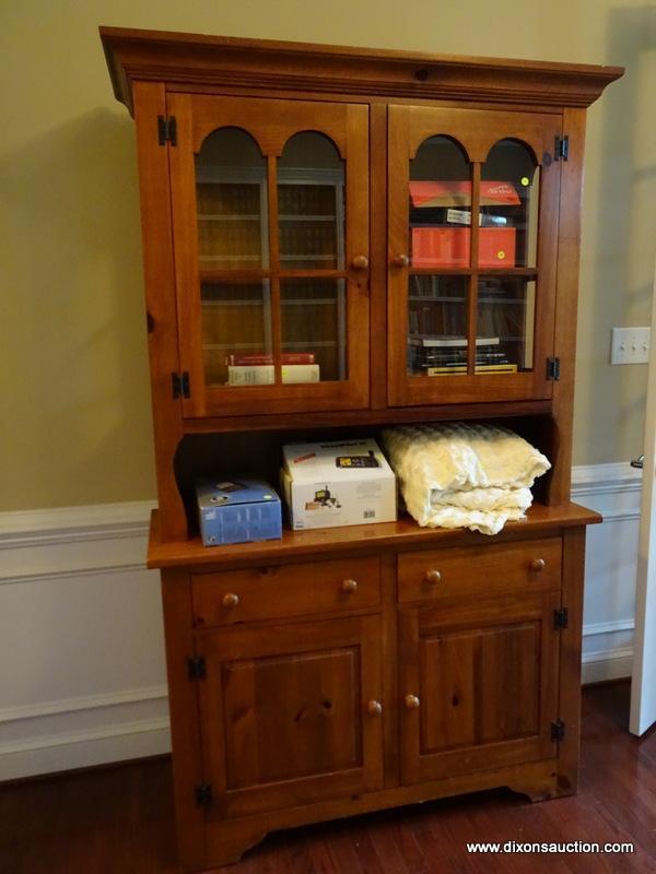(LIBRARY) PINE HUTCH; BROYHILL PINE 2 PC HUTCH WITH 2 GLASS DOORS WITH SIDELIGHTS, 2 DRAWERS OVER 2
