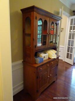 (LIBRARY) PINE HUTCH; BROYHILL PINE 2 PC HUTCH WITH 2 GLASS DOORS WITH SIDELIGHTS, 2 DRAWERS OVER 2