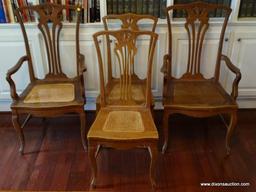 (LIBRARY) ANTIQUE CHAIRS; 4 ANTIQUE OAK CHIPPENDALE STYLE CHAIRS WITH CANE BOTTOM SEATS ( 1 NEEDS TO