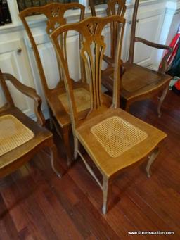 (LIBRARY) ANTIQUE CHAIRS; 4 ANTIQUE OAK CHIPPENDALE STYLE CHAIRS WITH CANE BOTTOM SEATS ( 1 NEEDS TO