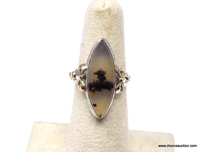 RARE 10K YELLOW GOLD AND STERLING SILVER MONTANA MOSS AGATE RING. THIS LARGE MARQUISE SHAPED STONE