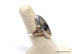 RARE 10K YELLOW GOLD AND STERLING SILVER MONTANA MOSS AGATE RING. THIS LARGE MARQUISE SHAPED STONE