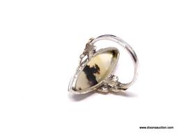 RARE 10K YELLOW GOLD AND STERLING SILVER MONTANA MOSS AGATE RING. THIS LARGE MARQUISE SHAPED STONE