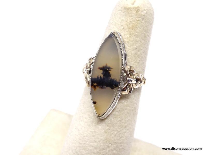 RARE 10K YELLOW GOLD AND STERLING SILVER MONTANA MOSS AGATE RING. THIS LARGE MARQUISE SHAPED STONE