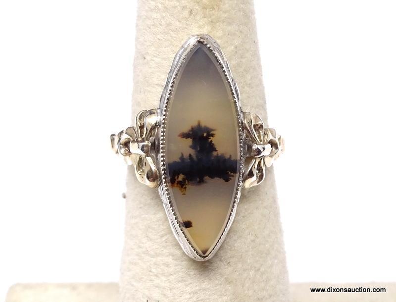 RARE 10K YELLOW GOLD AND STERLING SILVER MONTANA MOSS AGATE RING. THIS LARGE MARQUISE SHAPED STONE