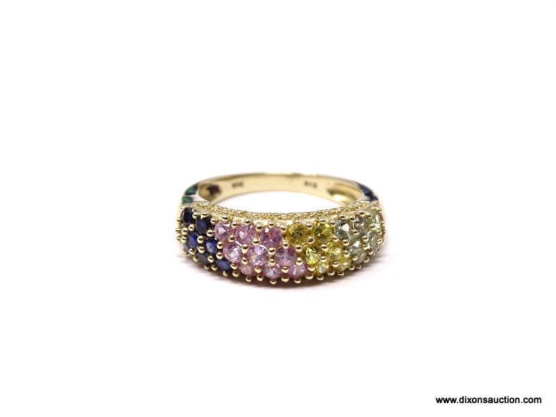 GORGEOUS DESIGNER 10K YELLOW GOLD MULTI COLOR SAPPHIRE GEMSTONE RING. THE SAPPHIRES ARE DARK BLUE,