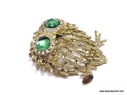 VINTAGE, SIGNED NAPIER, GOLD TONE OWL BROOCH/PIN. FEATURES A TEXTURED FEATHER BODY WITH LARGE, SHINY