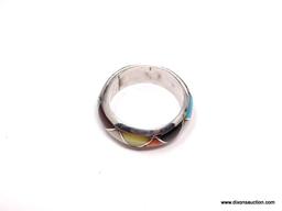 OLD PAWN NAVAJO STERLING SILVER INLAID MULTI GEMSTONE RING. STONES INCLUDE TURQUOISE, SPINEY OYSTER
