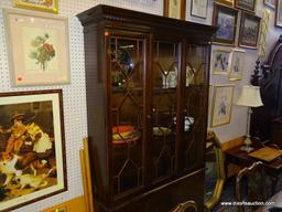 (WALL) CHINA CABINET; WALNUT CHINA CABINET WITH A TOP SECTION THAT HAS 3 LACED, GLASS PANELS 2 OF