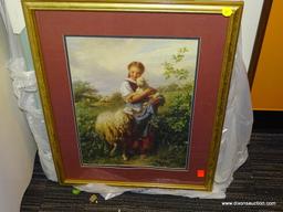 (WALL) LOT OF FRAMED PRINTS; 4 PIECE LOT TO INCLUDE A PRINT OF A FARM GIRL HOLDING A LAMB, 2 PRINTS