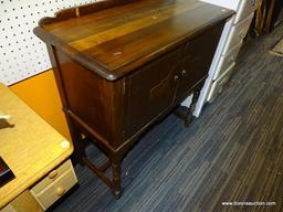 (WALL) CONSOLE TABLE WITH STORAGE; WALNUT CONSOLE TABLE WITH 2 CABINET DOORS THAT HAVE AN INLAID