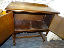 (WALL) CONSOLE TABLE WITH STORAGE; WALNUT CONSOLE TABLE WITH 2 CABINET DOORS THAT HAVE AN INLAID