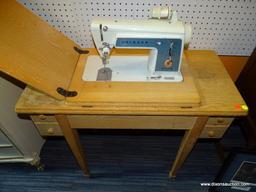 (WALL) SEWING MACHINE TABLE; PINE 4-DRAWER SEWING TABLE WITH SINGER TOUCH & SEW MODEL 629 SEWING