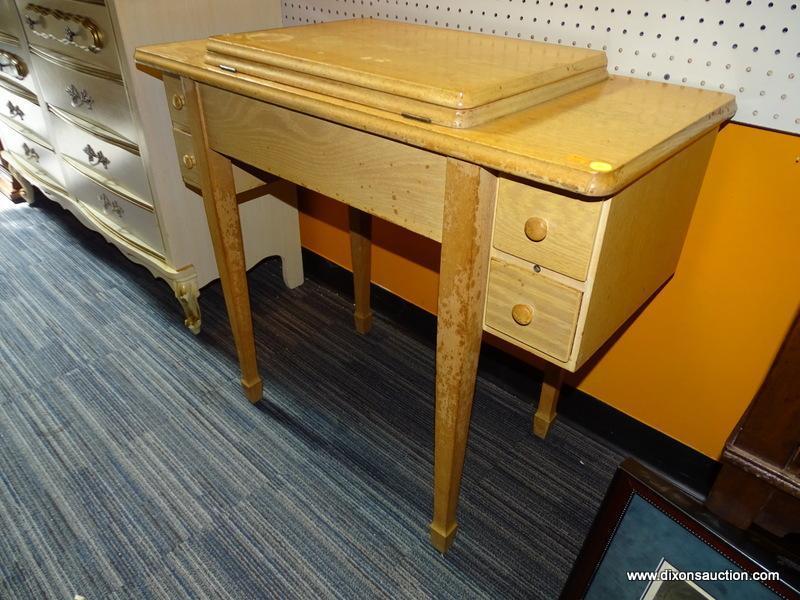 (WALL) SEWING MACHINE TABLE; PINE 4-DRAWER SEWING TABLE WITH SINGER TOUCH & SEW MODEL 629 SEWING