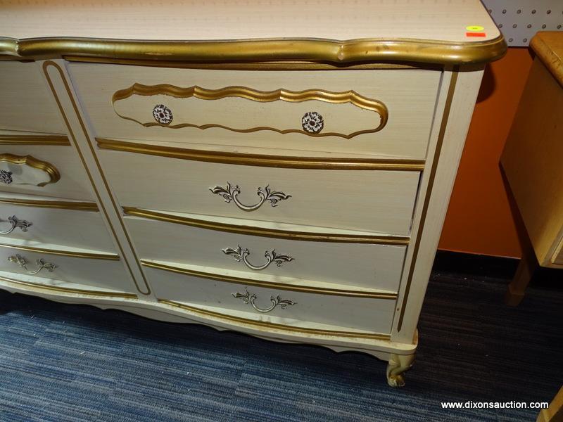 (WALL) FRENCH PROVINCIAL DRESSER; CREAM PAINTED, 6-DRAWER DRESSER WITH BRONZE HANDLES, GOLD TONE