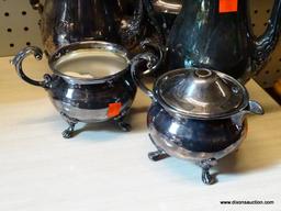 (WALL) LOT OF ASSORTED SILVERPLATE; 5 PIECE LOT OF TEA SET SILVERPLATE TO INCLUDE A TEA POT (CHIPPED