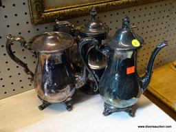 (WALL) LOT OF ASSORTED SILVERPLATE; 5 PIECE LOT OF TEA SET SILVERPLATE TO INCLUDE A TEA POT (CHIPPED